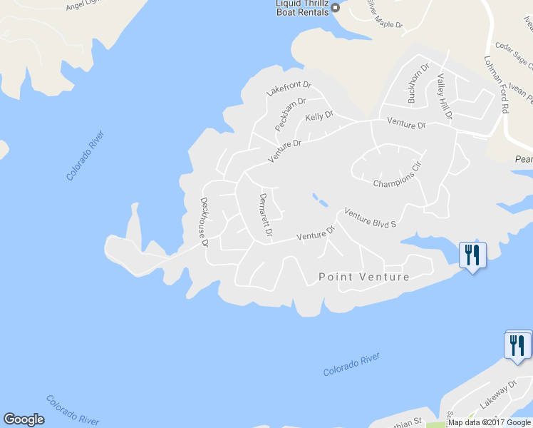 map of restaurants, bars, coffee shops, grocery stores, and more near 549 Demarett Drive in Lago Vista