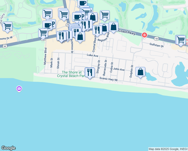 map of restaurants, bars, coffee shops, grocery stores, and more near 69 Crystal Beach Drive in Destin