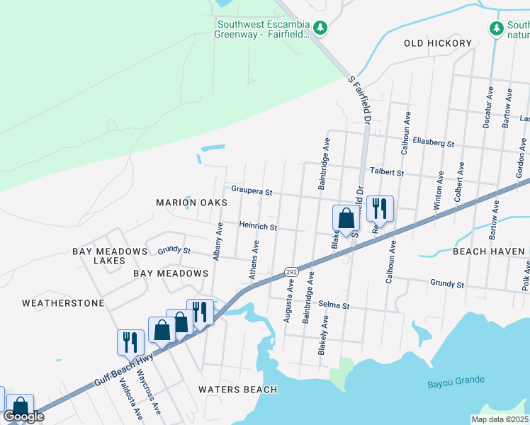 map of restaurants, bars, coffee shops, grocery stores, and more near 1712 Athens Avenue in Pensacola