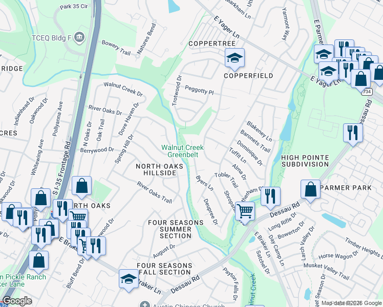 map of restaurants, bars, coffee shops, grocery stores, and more near 1107 Byers Lane in Austin
