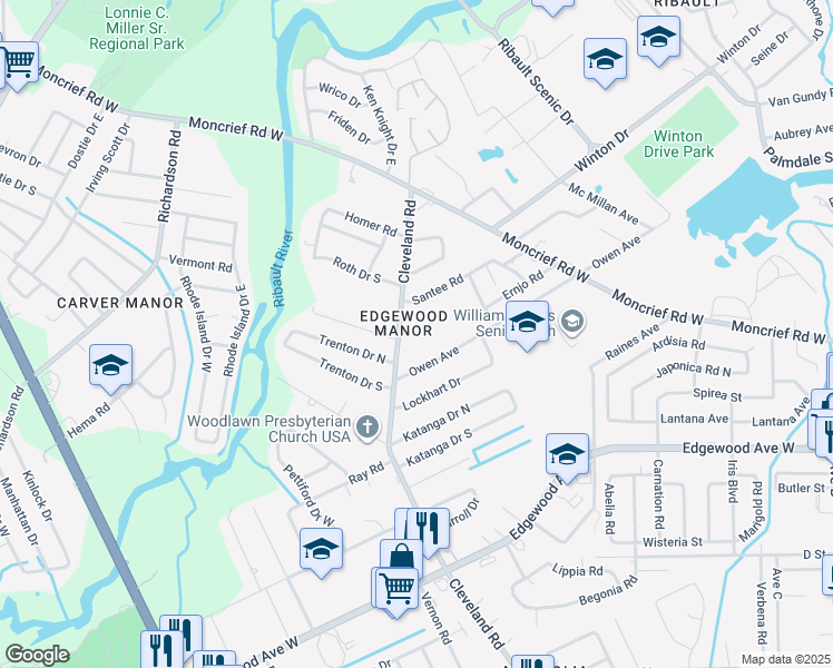 map of restaurants, bars, coffee shops, grocery stores, and more near 6511 Cleveland Rd in Jacksonville