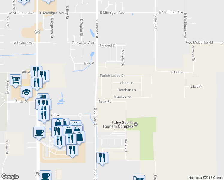 map of restaurants, bars, coffee shops, grocery stores, and more near Harahan Lane in Foley
