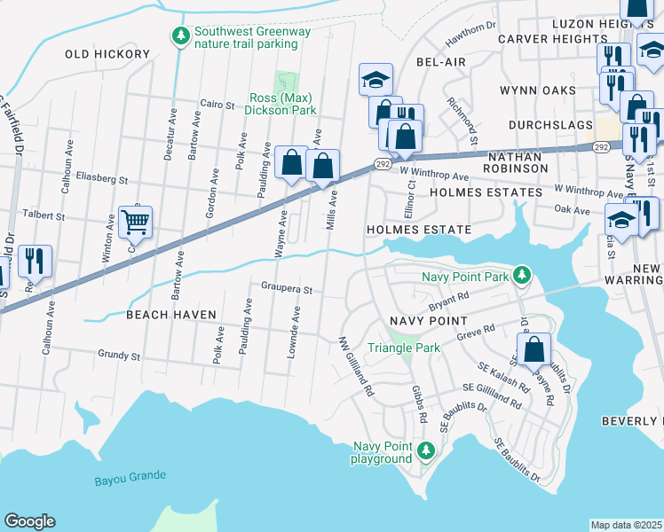 map of restaurants, bars, coffee shops, grocery stores, and more near 718 Mills Avenue in Pensacola