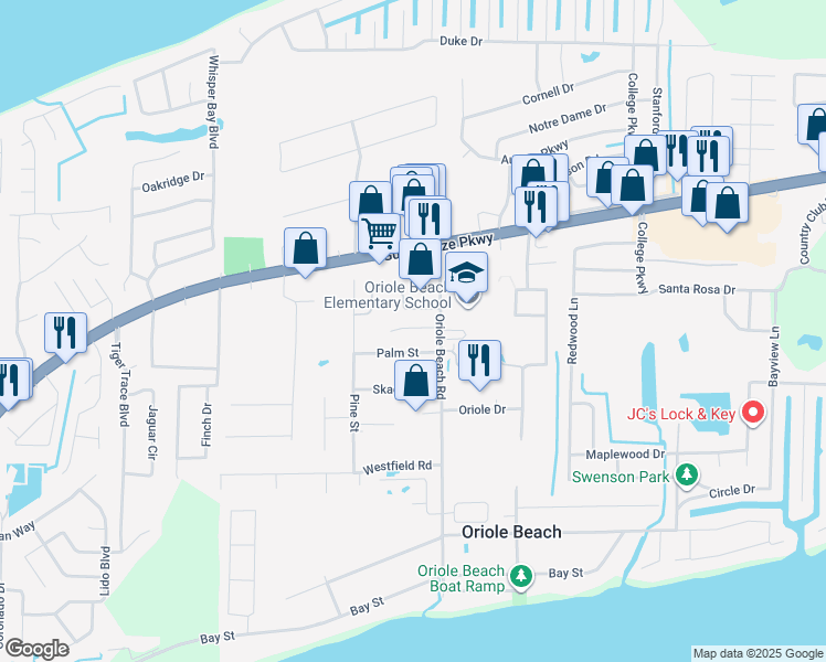 map of restaurants, bars, coffee shops, grocery stores, and more near 3055 Windward Cove Court in Gulf Breeze