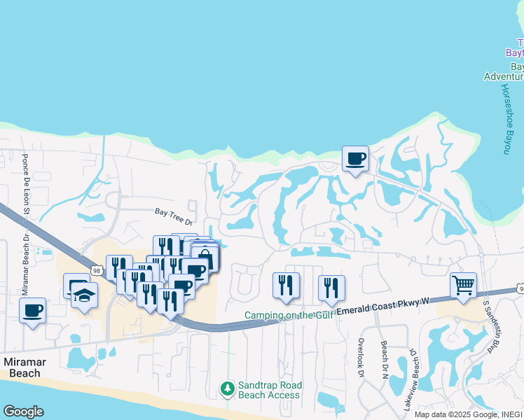 map of restaurants, bars, coffee shops, grocery stores, and more near 293 Sandestin Boulevard West in Miramar Beach
