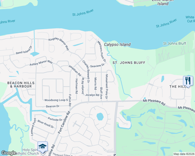 map of restaurants, bars, coffee shops, grocery stores, and more near 4635 Morris Road in Jacksonville