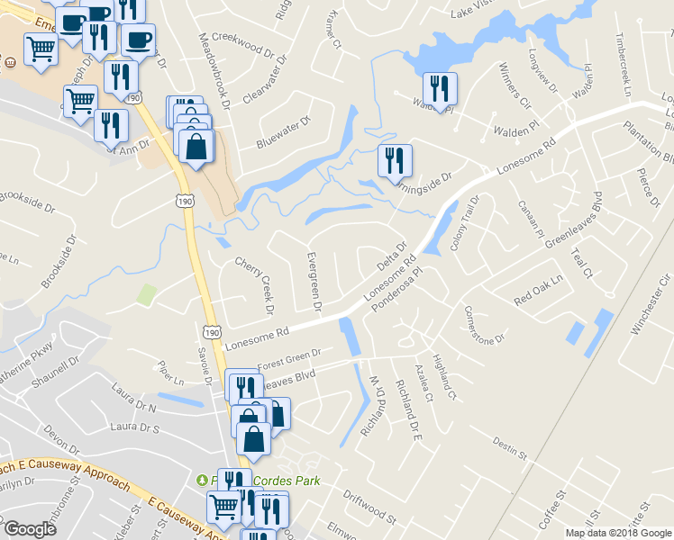 map of restaurants, bars, coffee shops, grocery stores, and more near 435 Bridalwood Drive in Mandeville