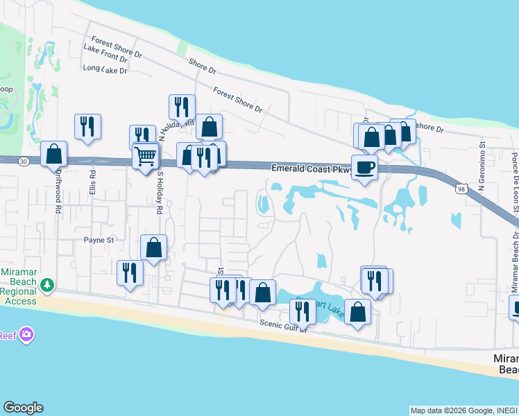 map of restaurants, bars, coffee shops, grocery stores, and more near 84 Golden Pond Circle in Miramar Beach
