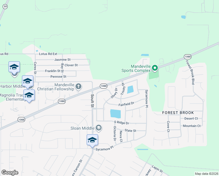 map of restaurants, bars, coffee shops, grocery stores, and more near 2065 West Ridge Drive in Mandeville