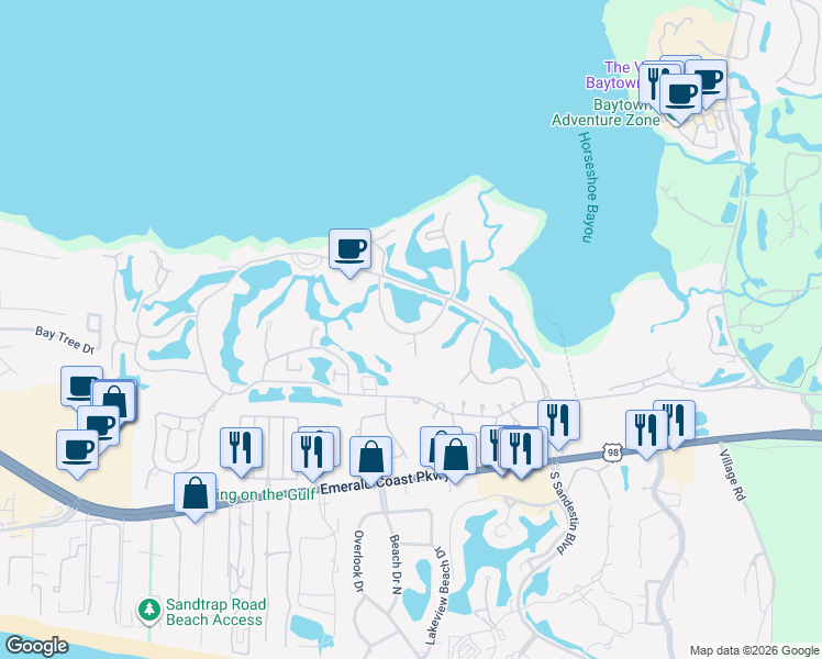 map of restaurants, bars, coffee shops, grocery stores, and more near 740 Sandpiper Drive in Destin