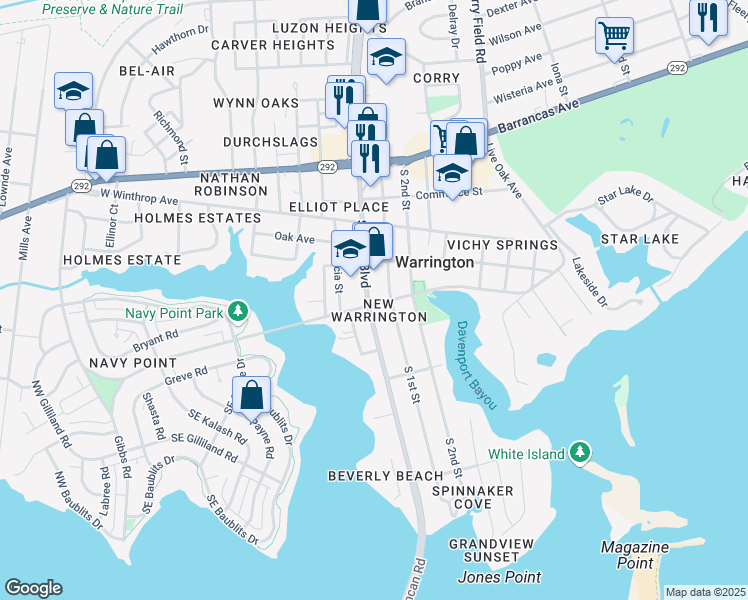map of restaurants, bars, coffee shops, grocery stores, and more near 2 East Sunset Avenue in Pensacola