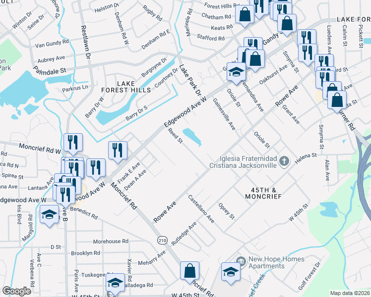 map of restaurants, bars, coffee shops, grocery stores, and more near 7606 Reed Street in Jacksonville