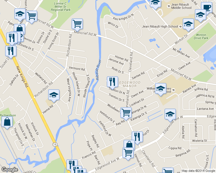 map of restaurants, bars, coffee shops, grocery stores, and more near 4451 Trenton Drive North in Jacksonville