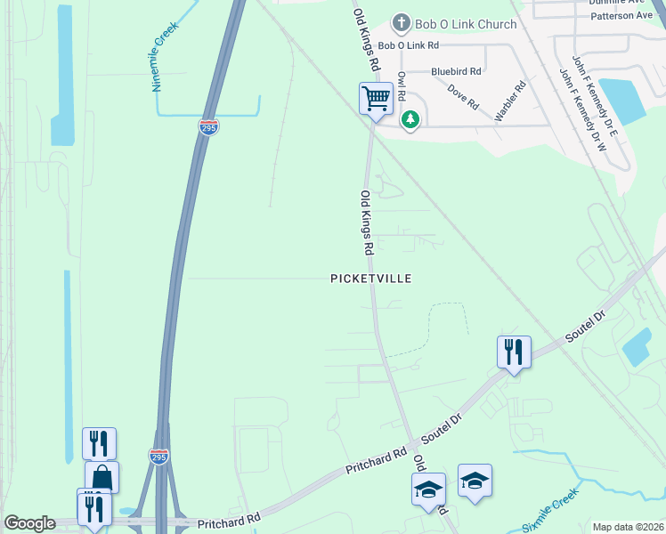 map of restaurants, bars, coffee shops, grocery stores, and more near 6615 Barney Road in Jacksonville