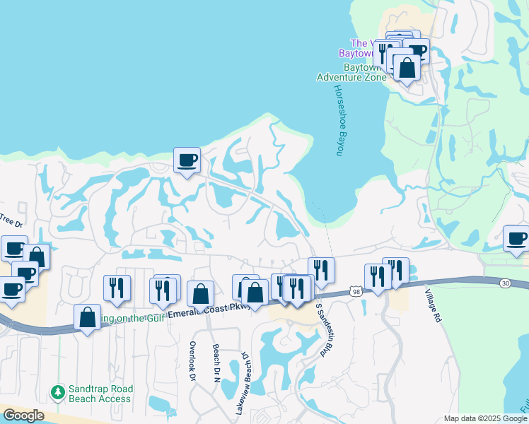 map of restaurants, bars, coffee shops, grocery stores, and more near 662 Bayou Drive in Destin