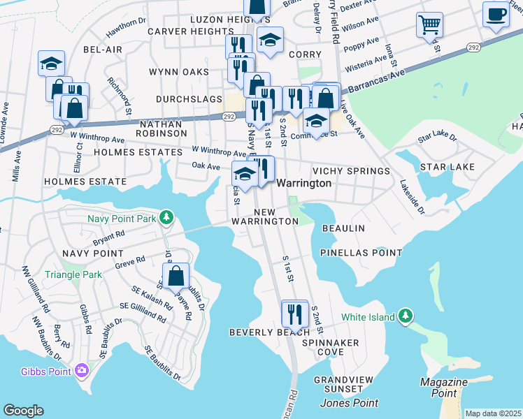 map of restaurants, bars, coffee shops, grocery stores, and more near 2 East Sunset Avenue in Pensacola
