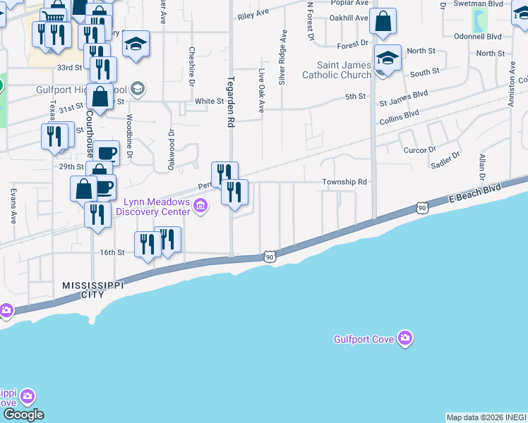 map of restaurants, bars, coffee shops, grocery stores, and more near 165 Markham Drive in Gulfport