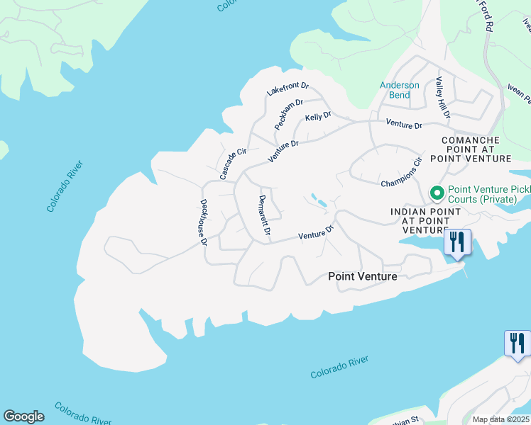 map of restaurants, bars, coffee shops, grocery stores, and more near 549 Demarett Drive in Lago Vista