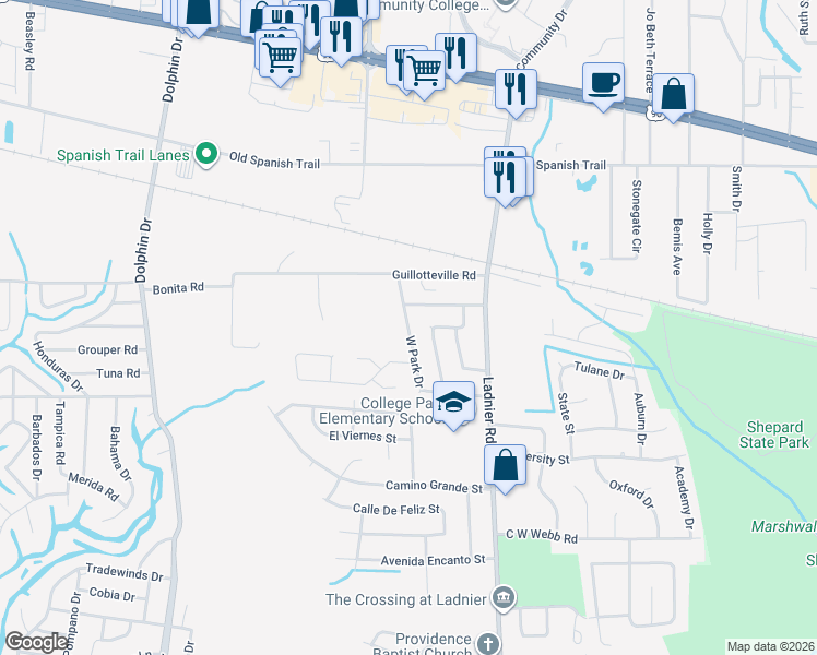 map of restaurants, bars, coffee shops, grocery stores, and more near 2900 West Park Drive in Gautier