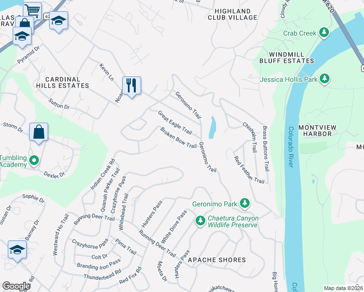 map of restaurants, bars, coffee shops, grocery stores, and more near 14601 Broken Bow Trail in Austin