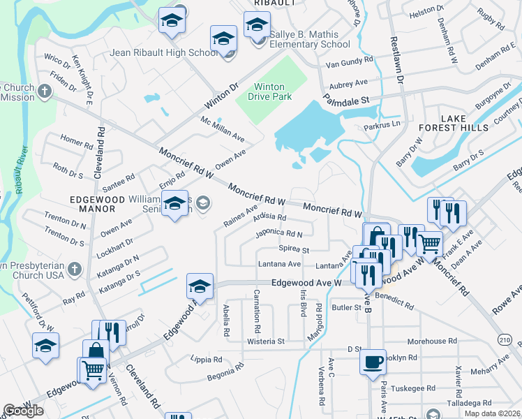 map of restaurants, bars, coffee shops, grocery stores, and more near 3415 Ardisia Road West in Jacksonville