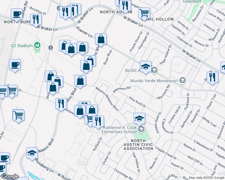 map of restaurants, bars, coffee shops, grocery stores, and more near 10411 Macmora Road in Austin