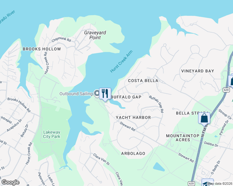 map of restaurants, bars, coffee shops, grocery stores, and more near 16409 Lake Loop in Austin