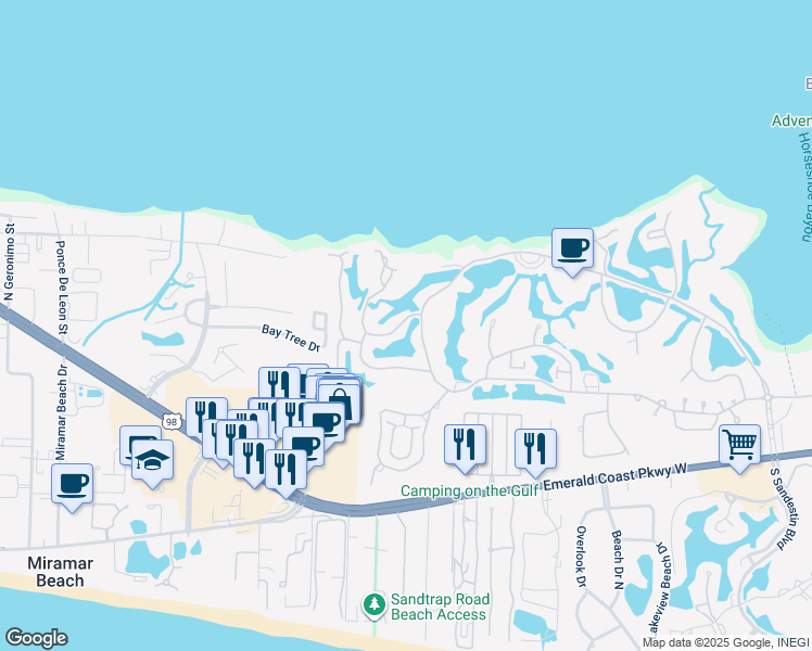 map of restaurants, bars, coffee shops, grocery stores, and more near 207 Eagle Drive in Miramar Beach