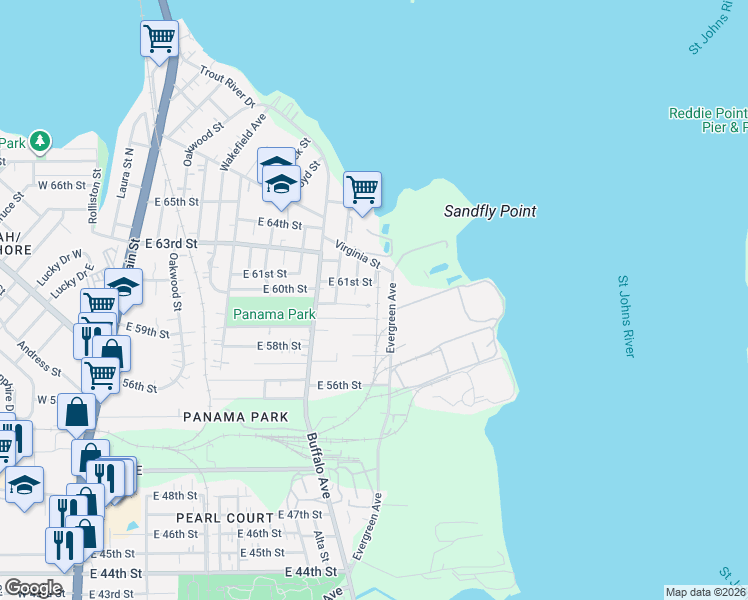 map of restaurants, bars, coffee shops, grocery stores, and more near 834 East 60th Street in Jacksonville