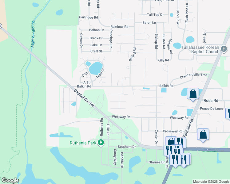 map of restaurants, bars, coffee shops, grocery stores, and more near 1412 Seville Street in Tallahassee