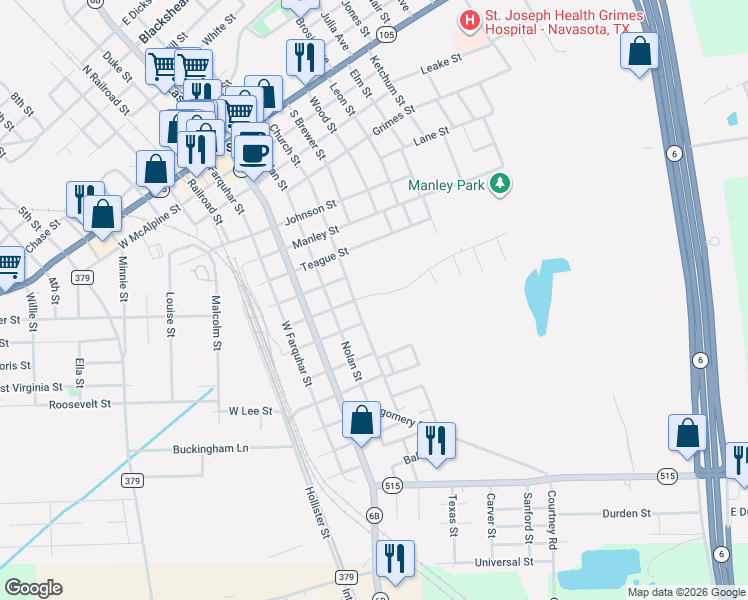 map of restaurants, bars, coffee shops, grocery stores, and more near 913 Church Street in Navasota