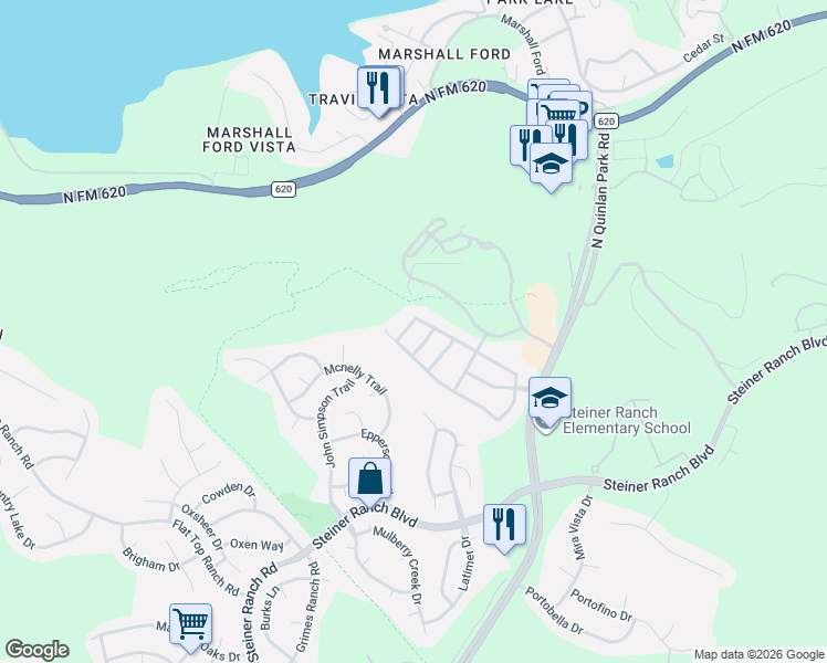 map of restaurants, bars, coffee shops, grocery stores, and more near 3926 Canyon Glen Circle in Austin