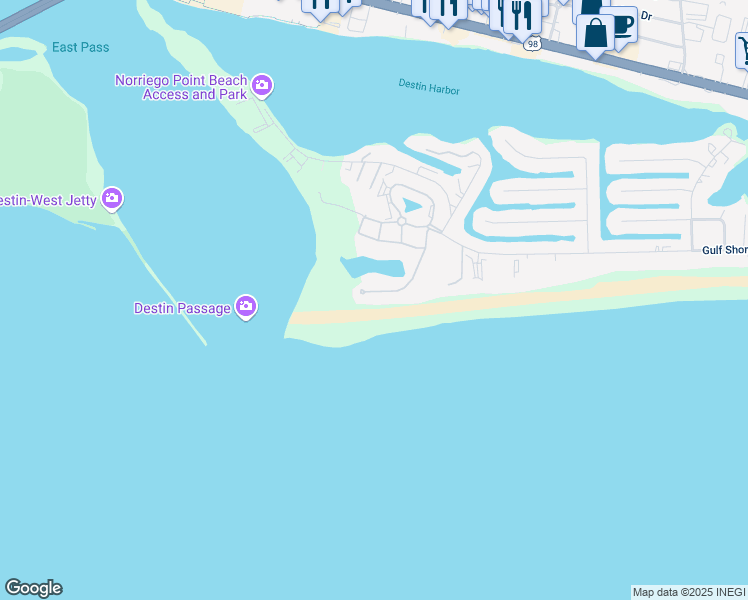 map of restaurants, bars, coffee shops, grocery stores, and more near 59 Lands End Drive in Destin