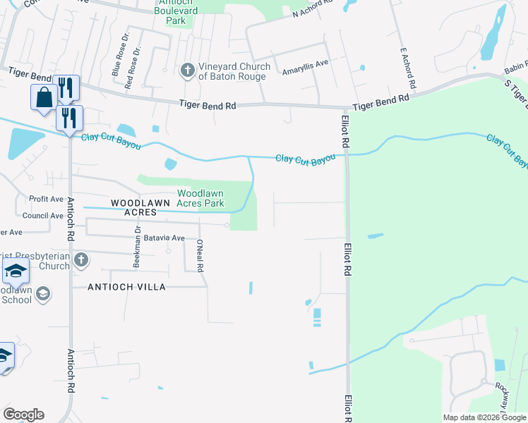map of restaurants, bars, coffee shops, grocery stores, and more near 7676 Madewood Avenue in Baton Rouge