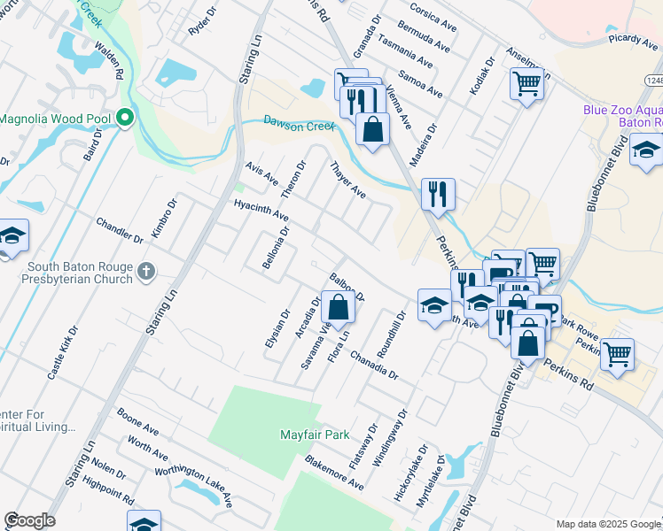 map of restaurants, bars, coffee shops, grocery stores, and more near 1435 Arcadia Drive in Baton Rouge