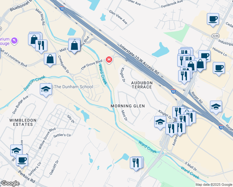map of restaurants, bars, coffee shops, grocery stores, and more near 9714 Mint Drive in Baton Rouge