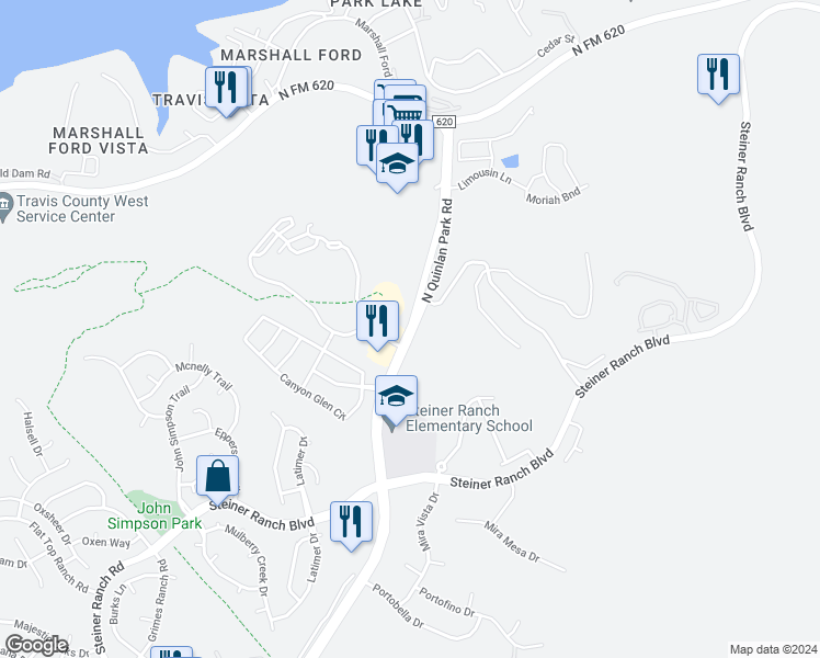 map of restaurants, bars, coffee shops, grocery stores, and more near 4406 North Quinlan Park Road in Austin