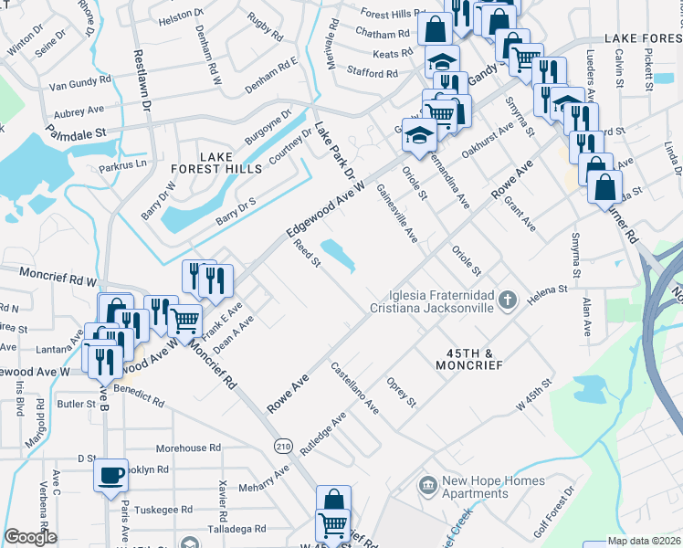 map of restaurants, bars, coffee shops, grocery stores, and more near 7606 Reed Street in Jacksonville