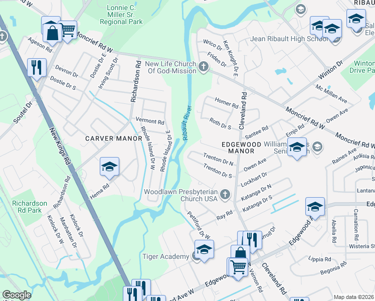 map of restaurants, bars, coffee shops, grocery stores, and more near 4544 Trenton Drive North in Jacksonville