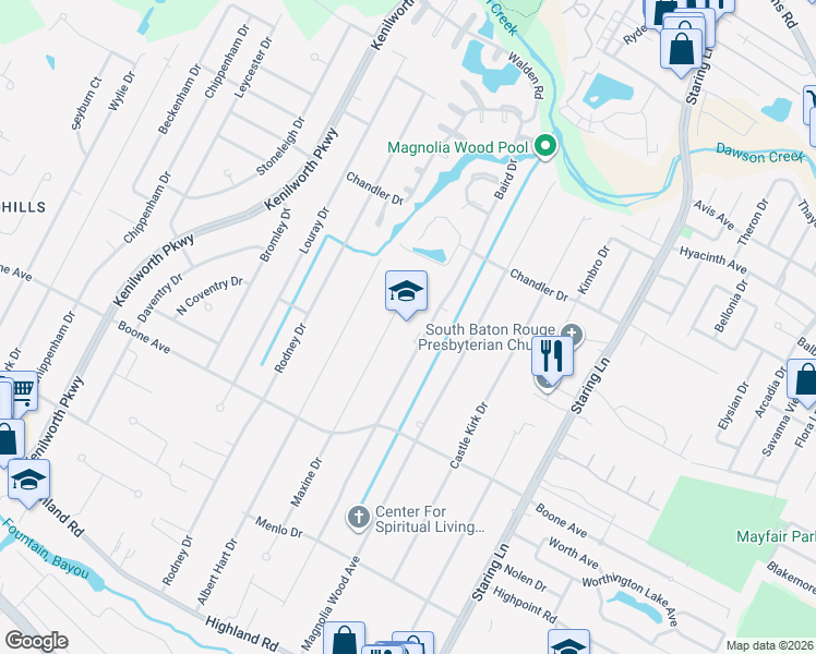 map of restaurants, bars, coffee shops, grocery stores, and more near 760 Maxine Drive in Baton Rouge
