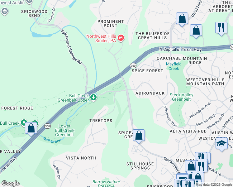 map of restaurants, bars, coffee shops, grocery stores, and more near 5217 1/2 Spicewood Springs Road in Austin