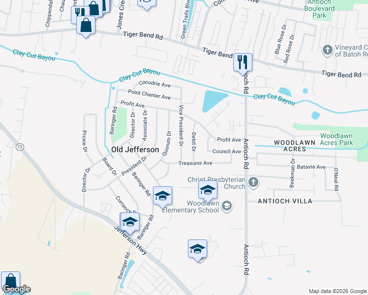 map of restaurants, bars, coffee shops, grocery stores, and more near 7608 Debit Drive in Baton Rouge