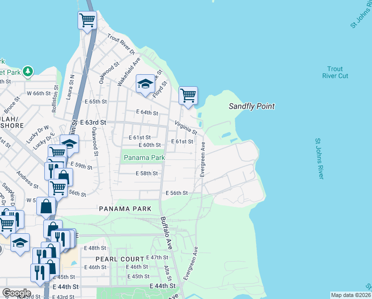 map of restaurants, bars, coffee shops, grocery stores, and more near 815 East 60th Street in Jacksonville