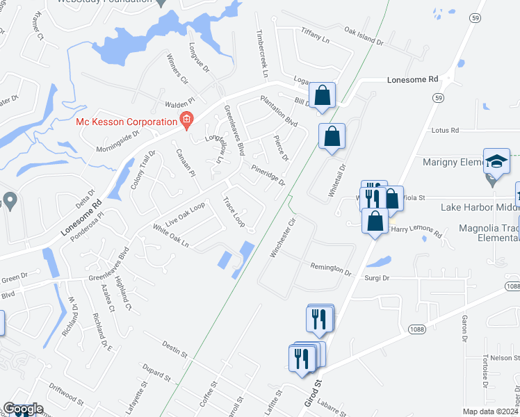 map of restaurants, bars, coffee shops, grocery stores, and more near 81 Trace Loop in Mandeville