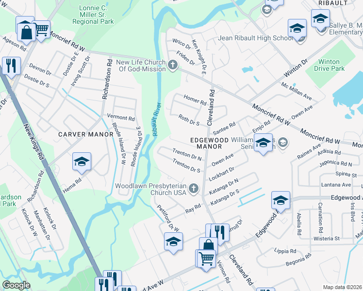 map of restaurants, bars, coffee shops, grocery stores, and more near 4451 Trenton Drive North in Jacksonville