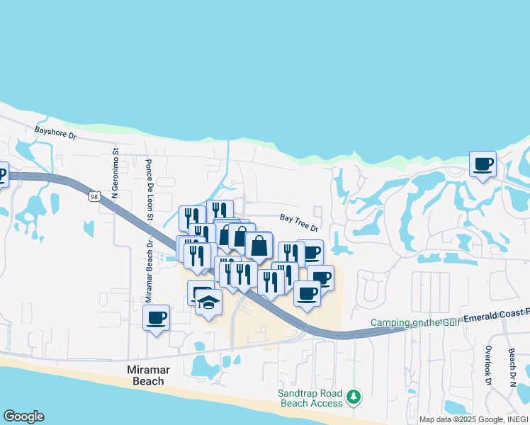 map of restaurants, bars, coffee shops, grocery stores, and more near 75 Bay Tree Drive in Miramar Beach