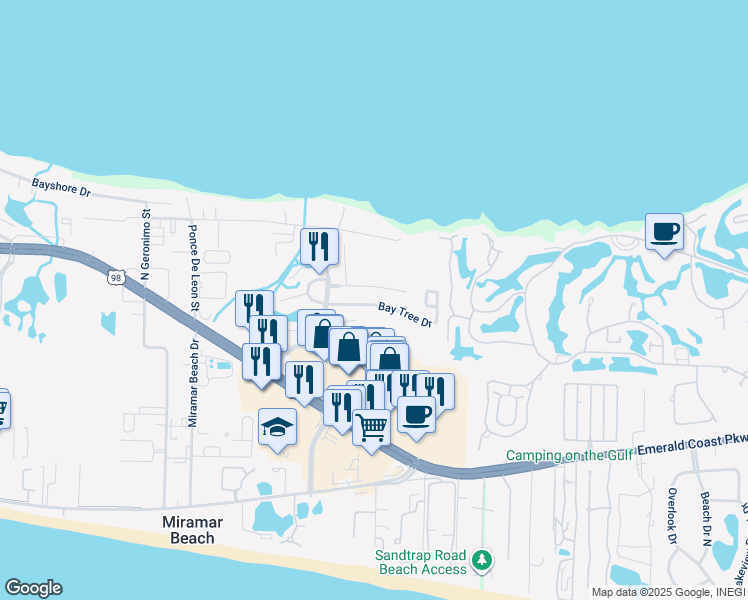 map of restaurants, bars, coffee shops, grocery stores, and more near 119 Bay Tree Drive in Destin