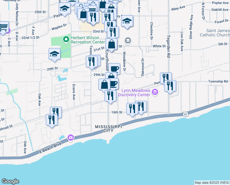 map of restaurants, bars, coffee shops, grocery stores, and more near 302 Courthouse Road in Gulfport