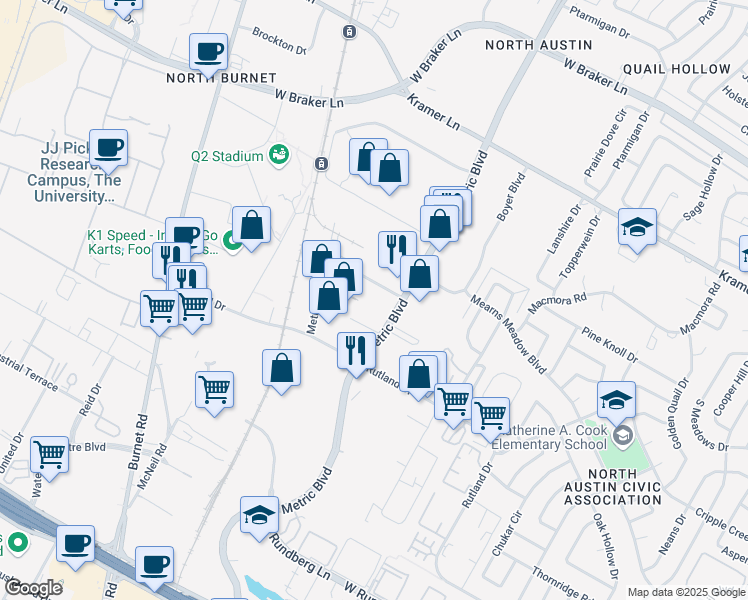 map of restaurants, bars, coffee shops, grocery stores, and more near 10300 Metric Boulevard in Austin