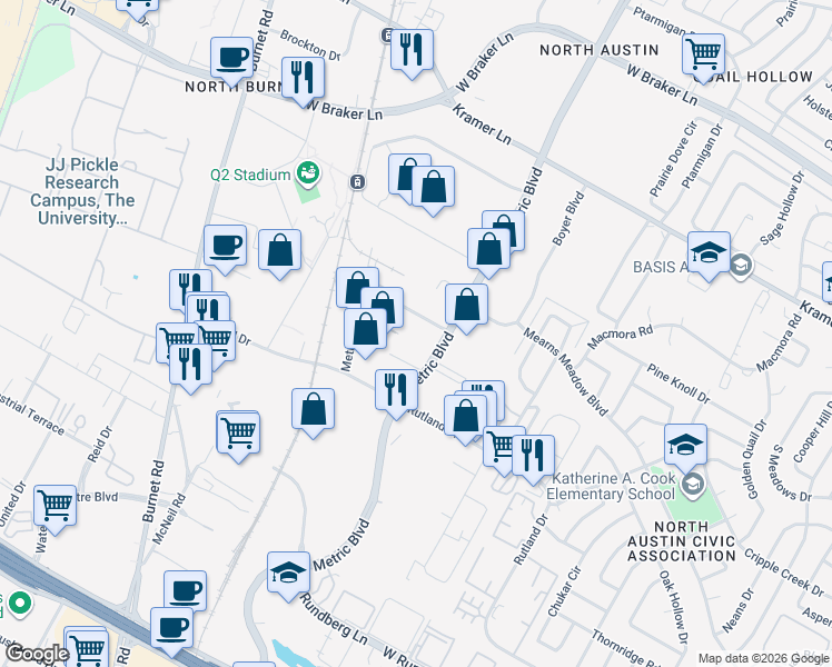 map of restaurants, bars, coffee shops, grocery stores, and more near 10300 Metric Boulevard in Austin